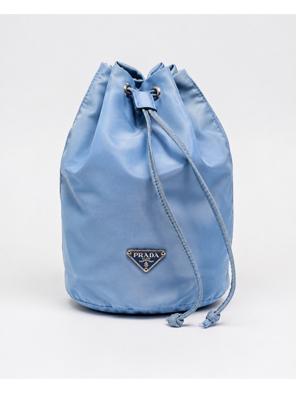 Vintage Prada Vela Nylon Drawstring Pouch Bag Light Blue Triangle Logo